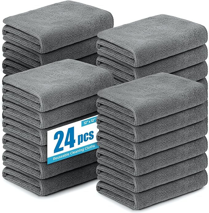 Microfiber Cleaning Cloths 12x12IN 24Pack Grey Lint Free Kitchen Cloths - Extra Thick, Streak-Free, Lint-Free, Fast Absorbent - Reusable Multi-Purpose Housekeeping Rags for Cars, Dishes, Floors, Tiles