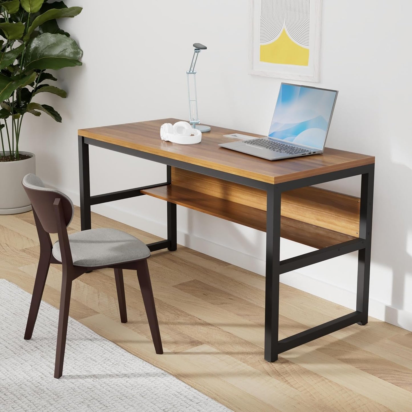 TOPSKY Computer Desk with Bookshelf/Metal Hole Cable Cover 1.18" Thick Desk (55", Oak Brown)
