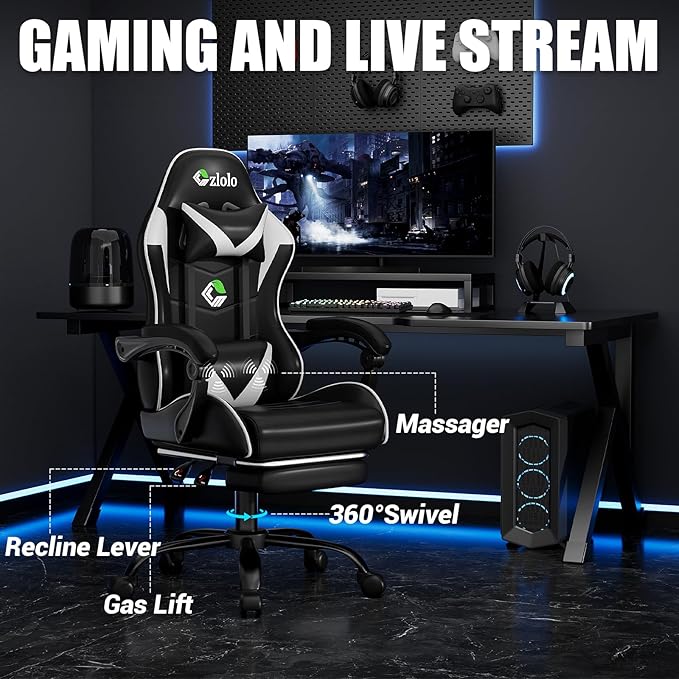 Gaming Chair with Footrest Racing Style Lumbar Support Massager Video Game Chair with Metal Legs, High Back Reclining Gamer Chair with Headrest, 360° Swivel Office Computer Desk Chair (White)