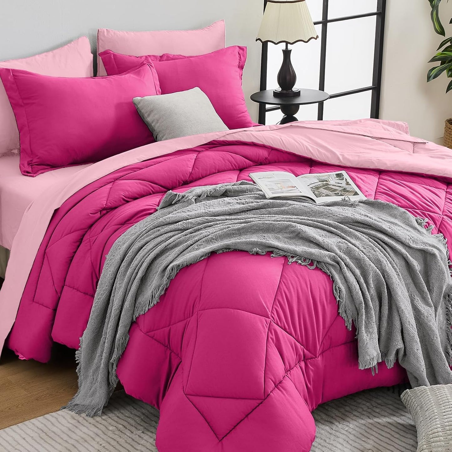 HEVUMYI Hot Pink & Baby Pink Twin-XL Comforter Set - 5-Piece All Season Bed in a Bag Twin-XL, Ultra Soft Bedding Set with Comforter, Flat Sheet, Fitted Sheet, Pillowcases, Pillow Shams