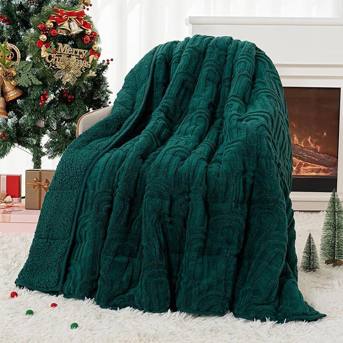 Cottonblue Jacquard Weighted Blanket for Adults 15 lbs Queen Size, Cozy Fluffy Sherpa Fleece Weighted Throw Blankets 60" x 80" for Sleep Relax, Fuzzy Warm Arch Heavy Blanket Soft for Bed Couch, Green