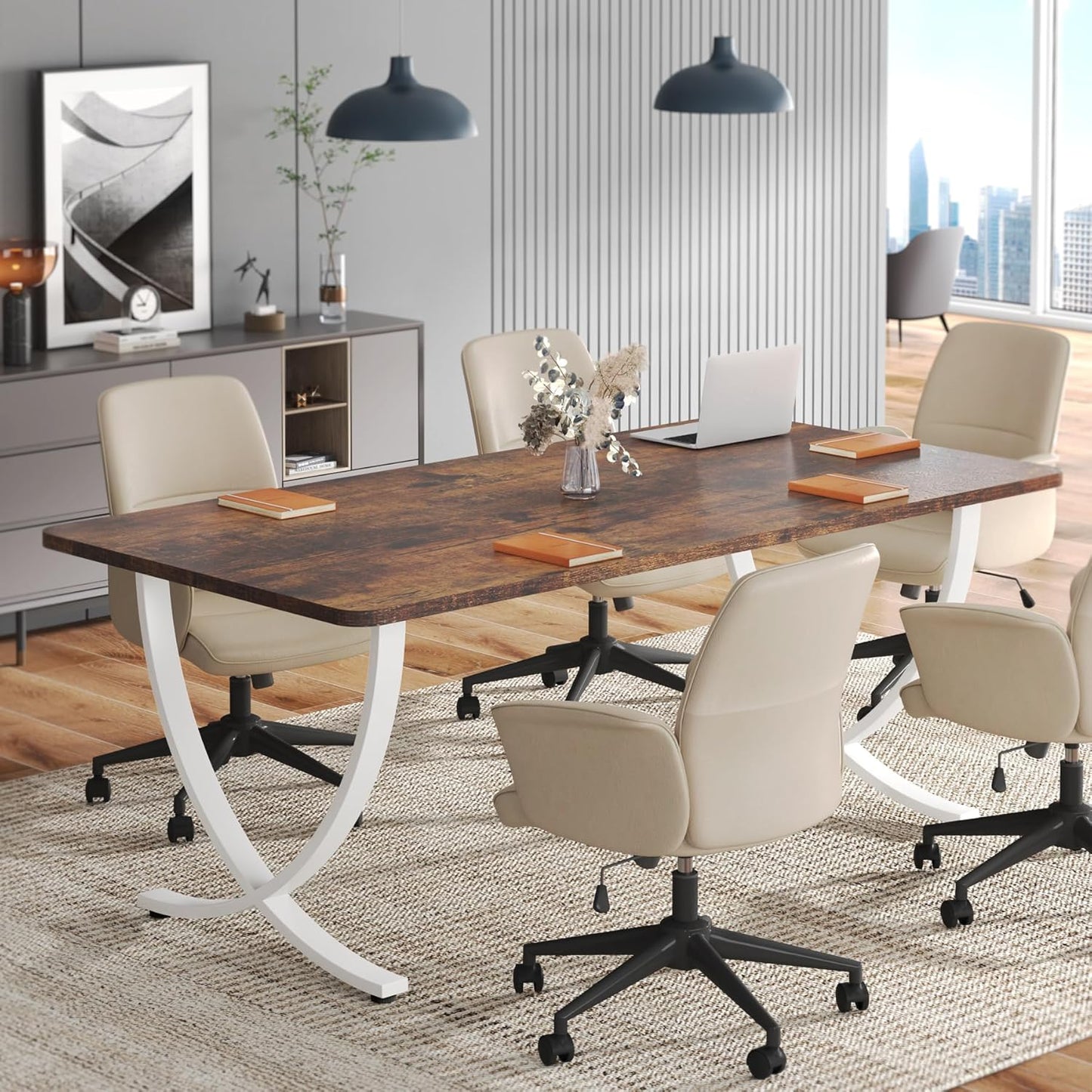 Tribesigns Executive Desk, 63” W x 31.5” D Large Office Desk, Modern Computer Desk Conference Table Meeting Room Table, Business Furniture for Home Office, White and Walnut
