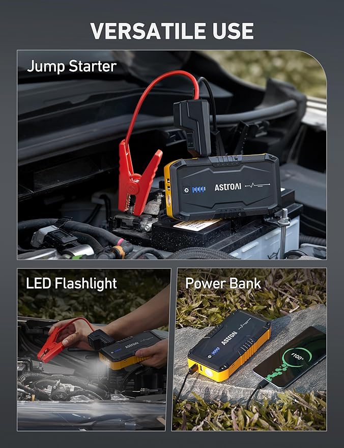 AstroAI S8 Car Battery Jump Starter, Car Jumper Starter Battery Pack for Up to 6.0L Gas & 3.0L Diesel Engines, 12V Portable Jump Box with 3 Modes Flashlight and Jumper Cable(Yellow)