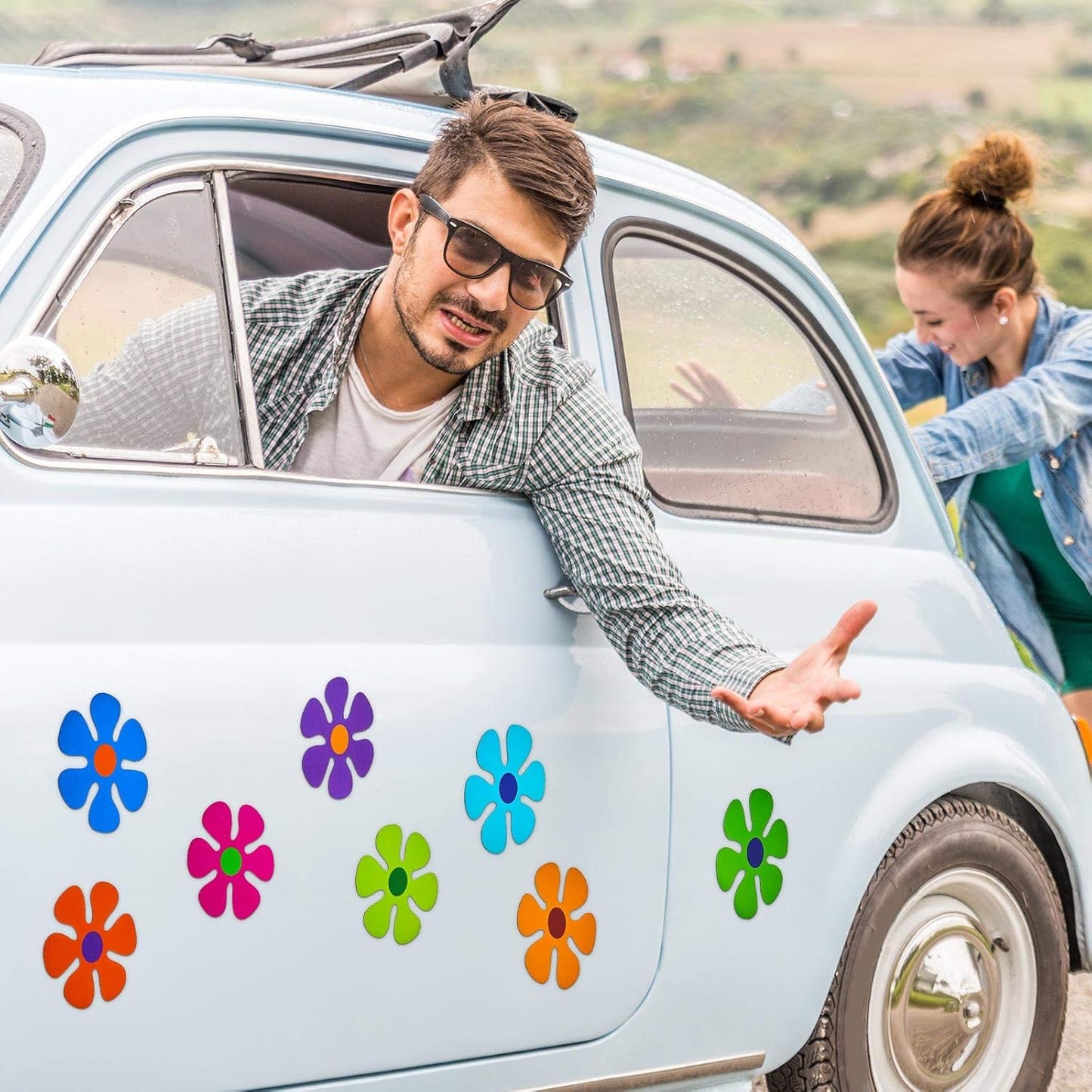 Outus Car Flower Magnet Funny Magnetic Decals Decorations Cute Fridge Magnets 60s Flower Cutout Magnet for Car Home Door Refrigerator (16 Pieces,3.9 x 3.9 Inch)