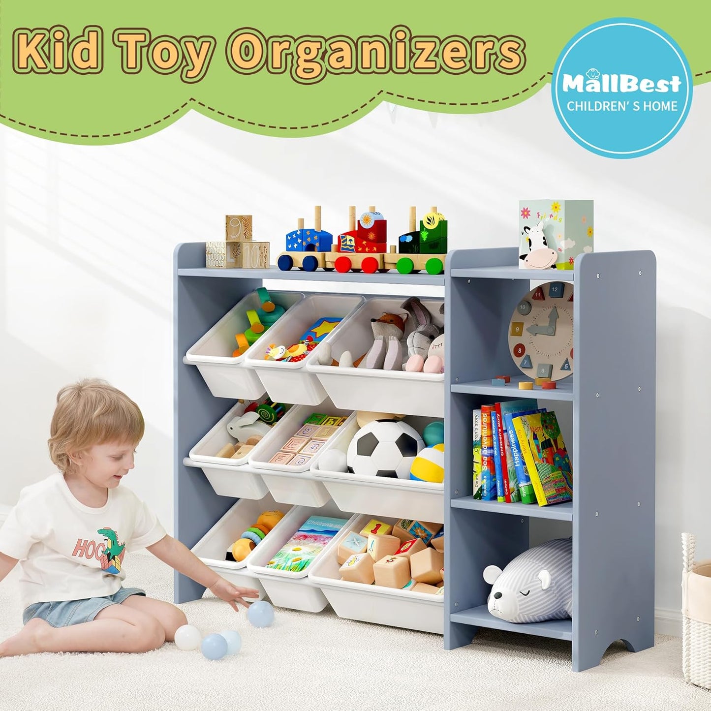 MallBest 4-Tier Kids' Toy Storage Organizer Shelf - 100% Solid Wood,Children's Storage Cabinet with 9 Plastic Bins and 3 Storage Ports(Grey-Single Color)