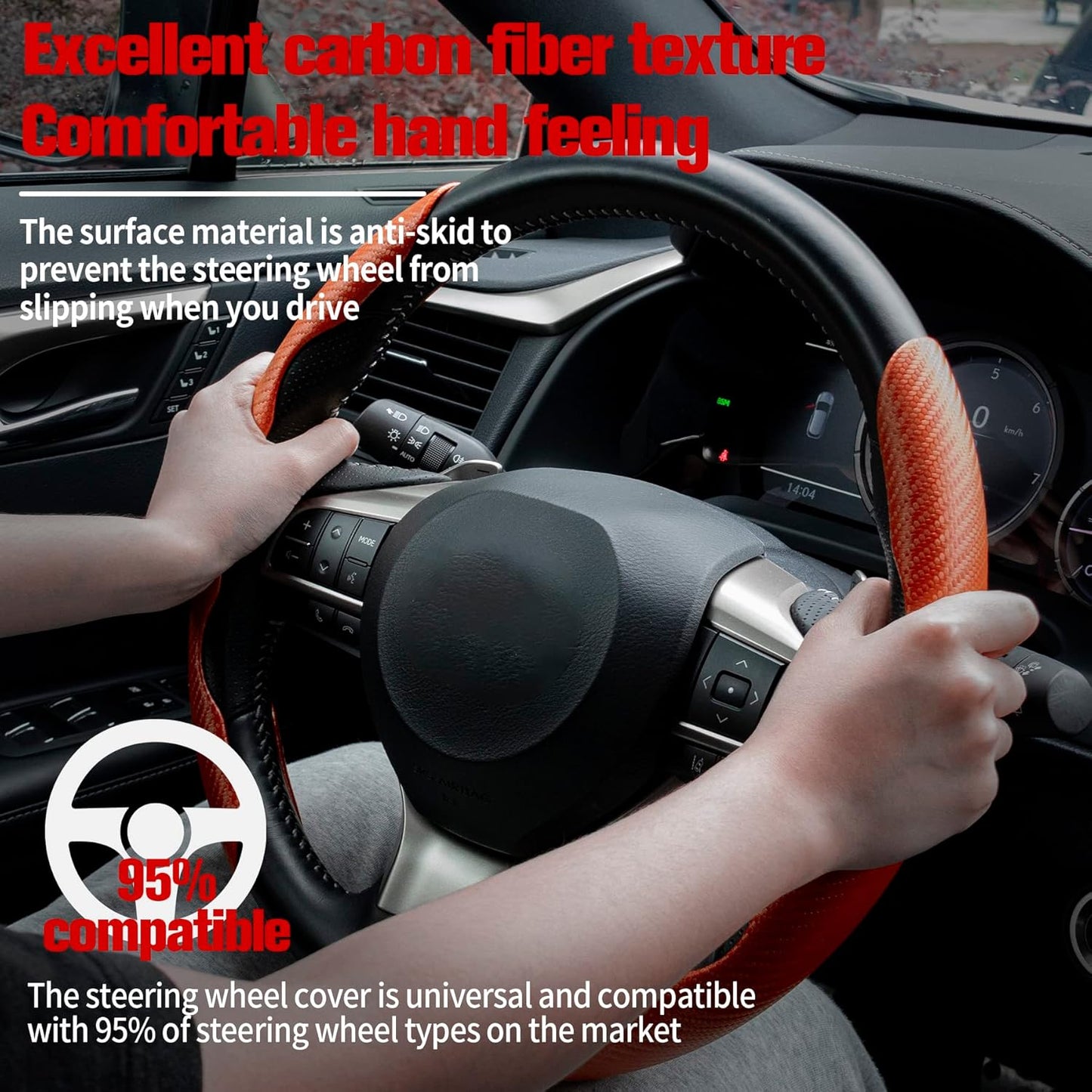 Amiss Carbon Fiber Anti-Skid Steering Wheel Cover, Universal 99% Car Wheel Cover Protector, Orange