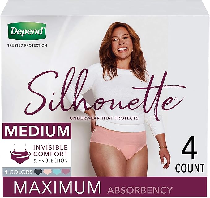 Depend Silhouette Incontinence and Postpartum Underwear for Women, Maximum Absorbency, Disposable, Medium, Pink/Black/Teal/Berry, 4 Count