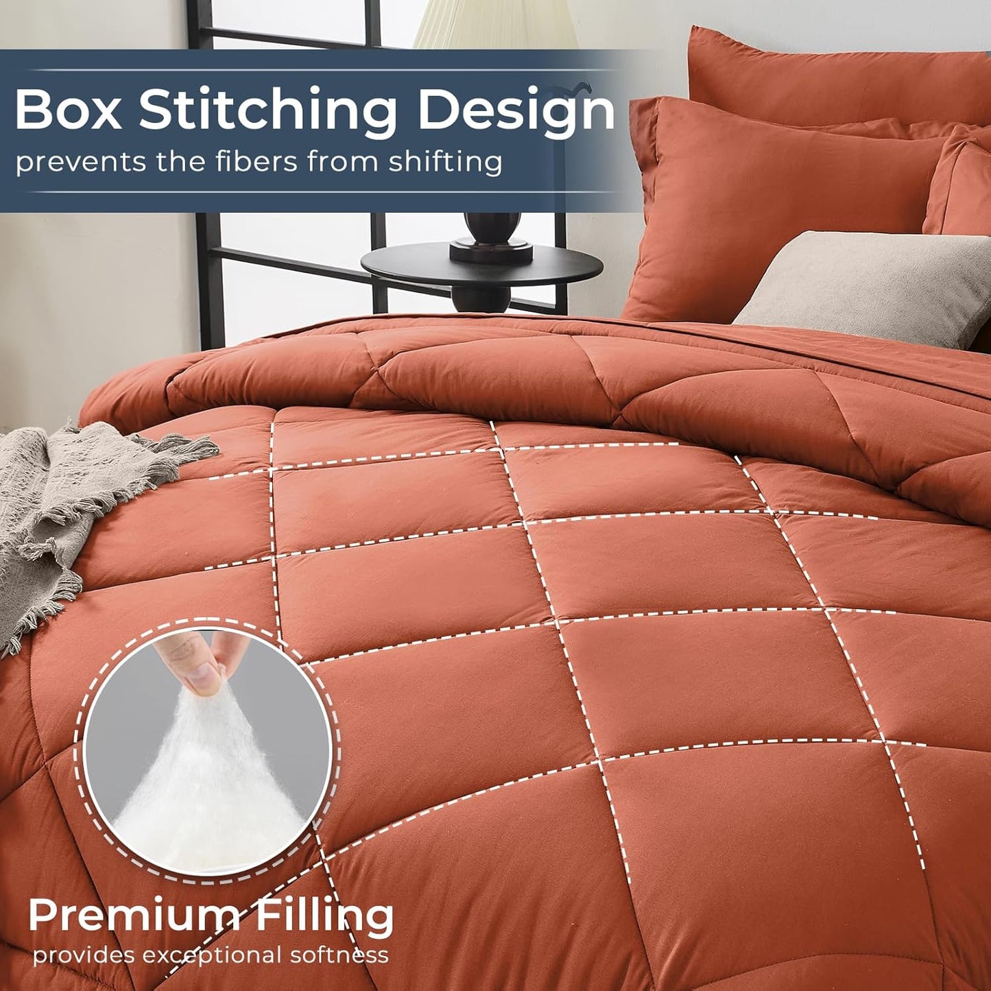 HEVUMYI Burnt Orange Cali-King Comforter Set - 7-Piece All Season Bed in a Bag Cali-King, Ultra Soft Bedding Set with Comforter, Flat Sheet, Fitted Sheet, Pillowcases, Pillow Shams