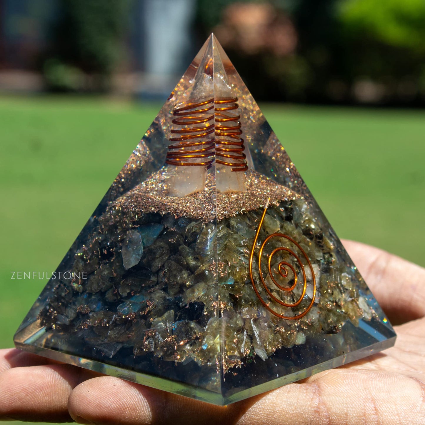 Labradorite Orgone Pyramid for Confidence & Self-Empowerment | Orgonite pyramids with Copper Coil and Crystal Quartz for Chakra Protection