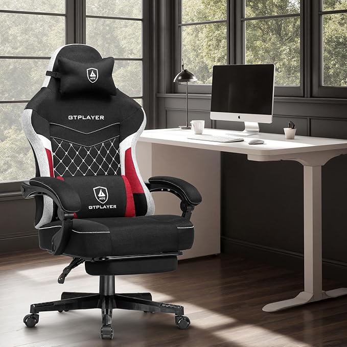GTPLAYER Gaming Chair, Fabric Computer Office Chair with Pocket Spring Cushion, Ergonomic Office and Gaming, Video Gaming Chair with Linkage Armrests, High Back Desk Chair with Adjustable Recliner