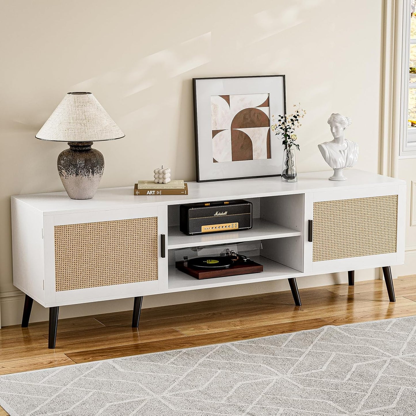 TV Stand for TVs up to 65'', Mid Century Modern Entertainment Center with Rattan Door, Shelves & 2 Cabinets, Boho Media TV Console for Living Room, Bedroom, White