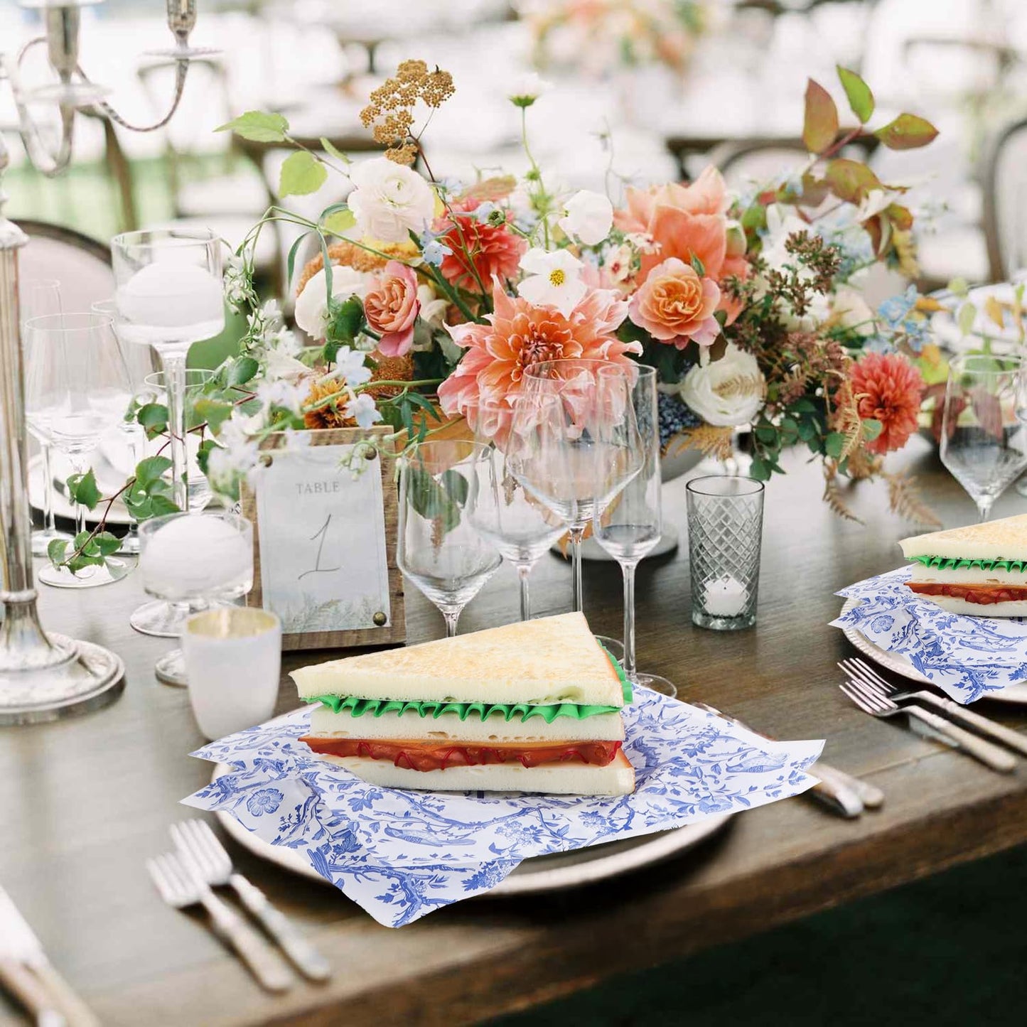 Bravopapier 150Pcs Blue Floral Bird Deli Paper, 9.8 x 8.3in Chinoiserie Floral Bird Grease Proof Food Wrap Paper Liners