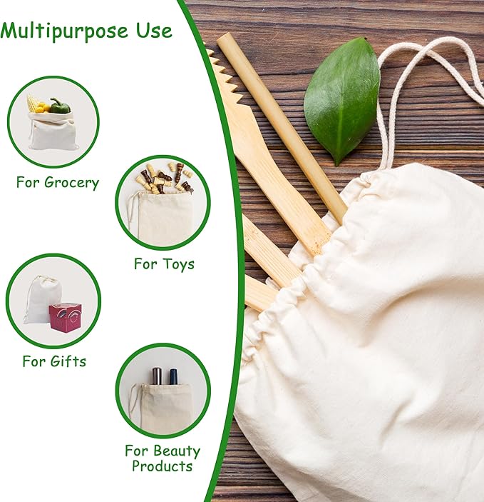 Reusable Cotton Storage Produce Bags With Drawstrings X-Large 14x18 Inch (6 Psc), Muslin Bags - For Bulk Food Storage, Vegetable, fruit, Food, Snack, Footwear, Toys Storage Bag