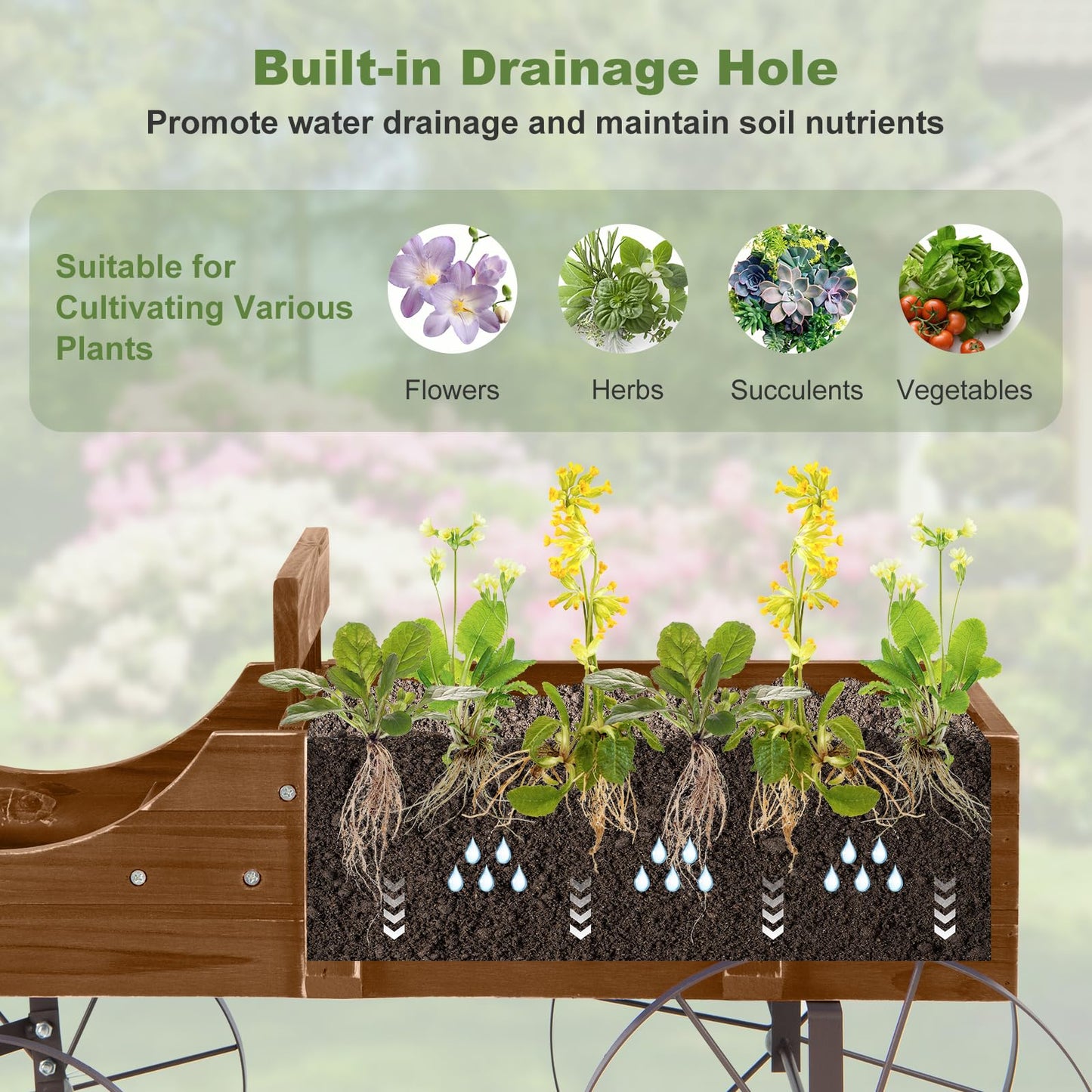HAPPYGRILL Wooden Wagon Planter, 24.5” x 13.5” x 24” Decorative Garden Planter w/ 2 Planting Sections, Wheels, Handle, Small Decorated Cart, Flower Planter Box for Indoor Outdoor Patio (Brown)