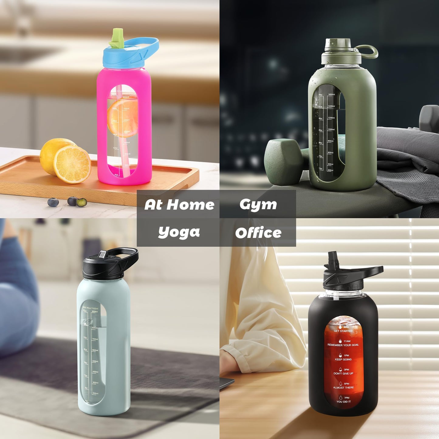 CIVAGO 32 oz Glass Water Bottle with Straw and Handle, Large Sports Motivational Water Bottle Flask with Time Marker and 2 Lids, Leakproof Water Jug Canteen with Silicone Sleeve for Gym,Black
