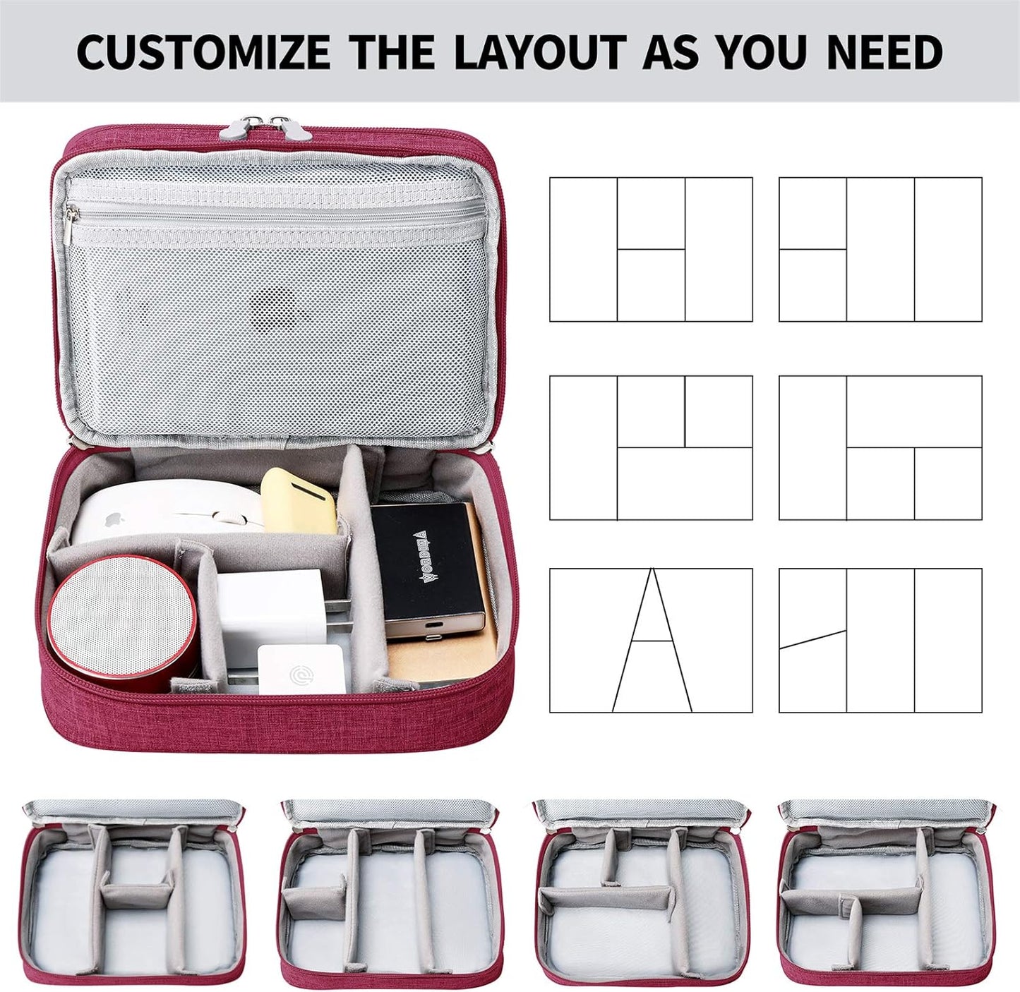 MIRLEWAIY Electronics Cable Organizer, Travel Electronic Accessories Storage Bag Double-Layer for Power Bank, USB, Fresh Drives, Chargers, Cables, Earphone, Red
