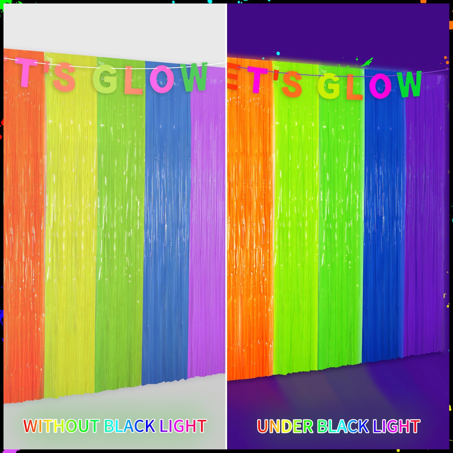 Glow in The Dark Party Supplies Kit - Neon Birthday Decorations with Balloon Garland Arch, Fluorescent Tinsel Curtains, Star Swirls, Cake Toppers & Table Skirt (100+ Pieces)