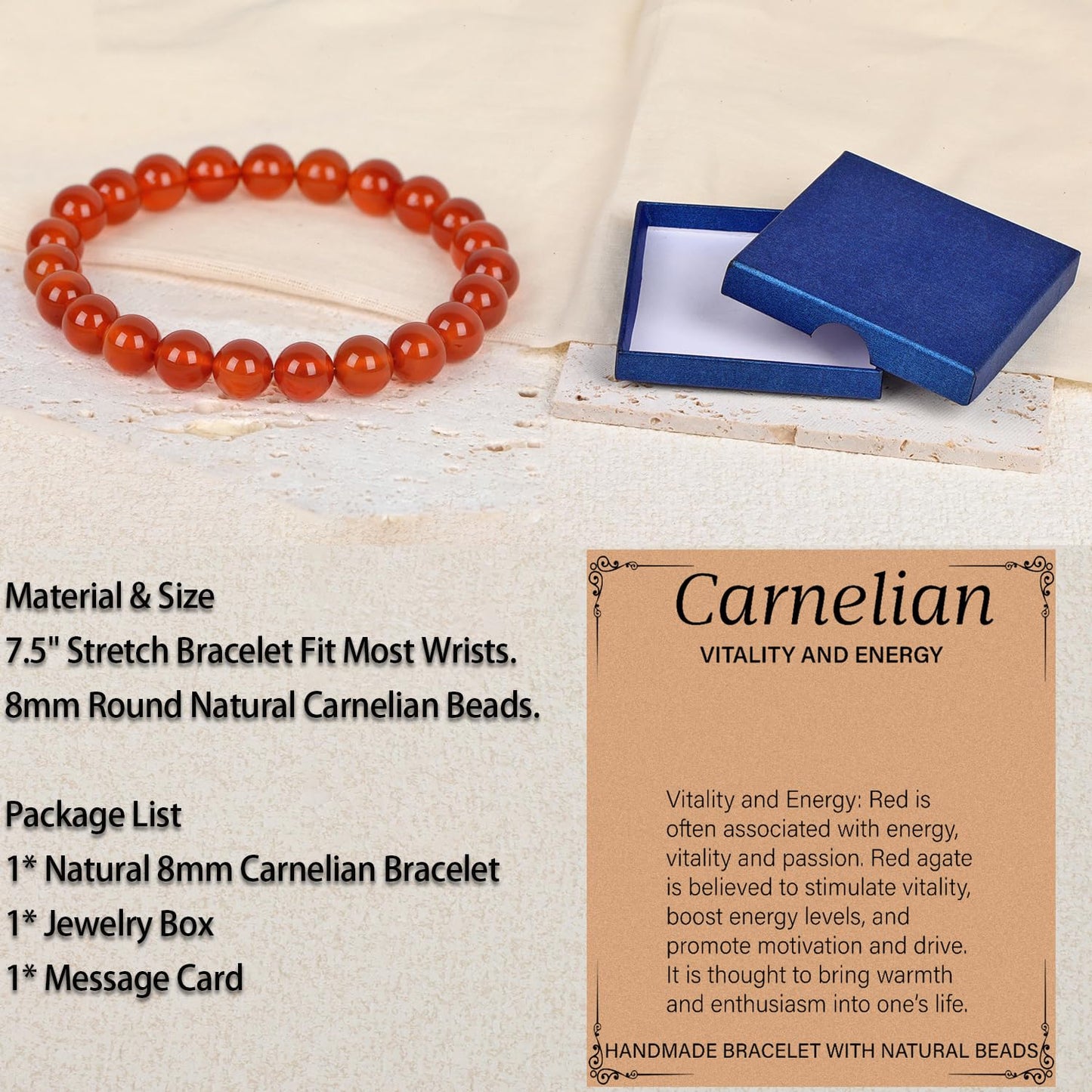 LPBeads Handmade Natural Gemstone Stretch Elastic 8m Carnelian Bracelet Healing Crystal Round Stone Beads Jewelry Gifts for Women Men