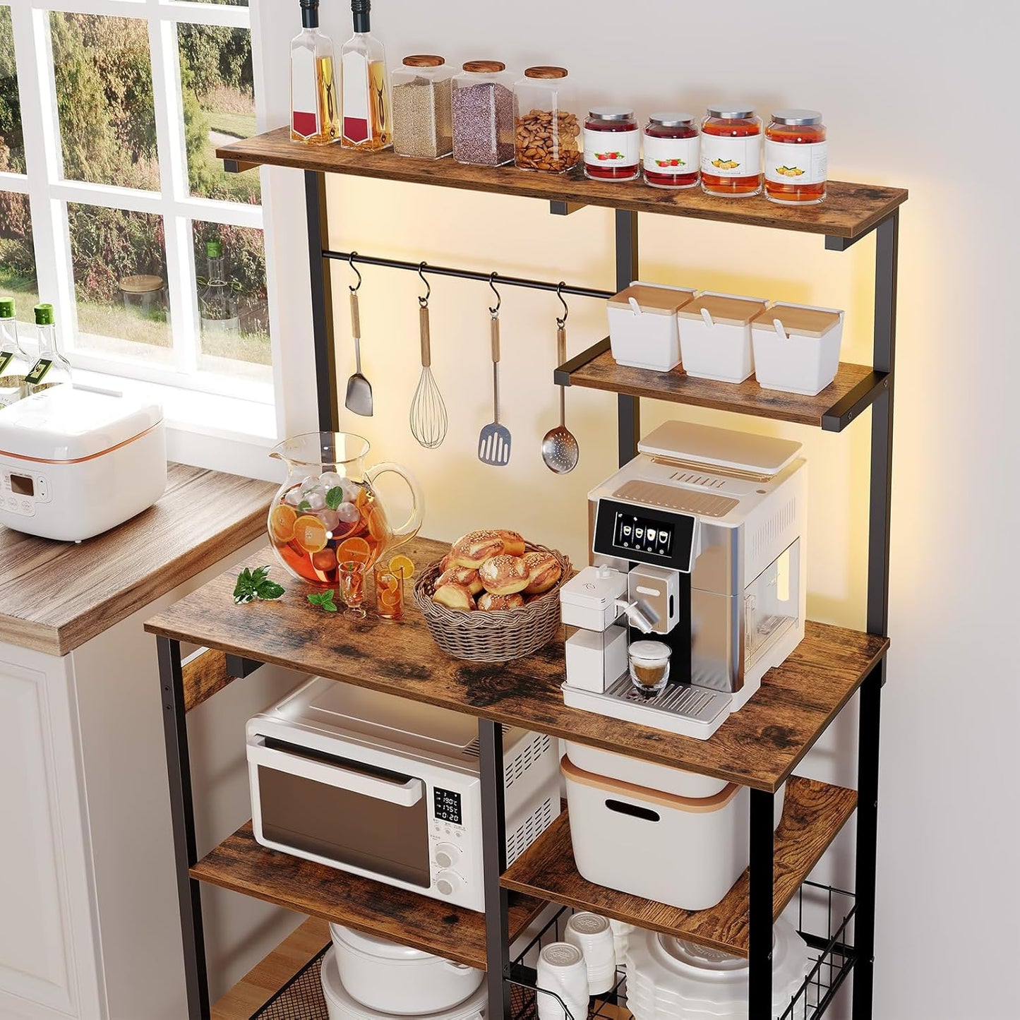 HOOBRO Bakers Rack with Power Outlet and LED Light, 6-Tier Microwave Stand with Wire Baskets, Coffee Bar Station, Kitchen Utility Storage Shelf with 4 Hooks, Rustic Brown and Black BF64UDHB01