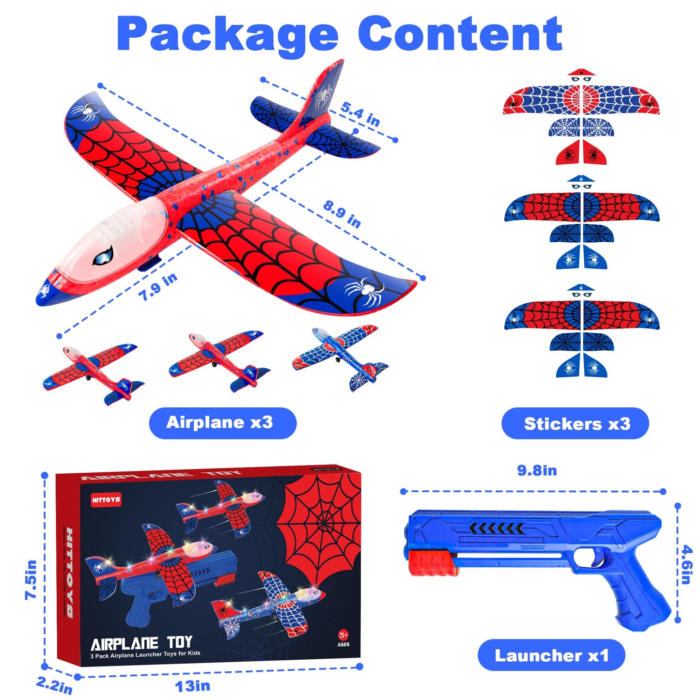 HitToys Airplane Launcher Toy for Kids&Hover Soccer Ball Toy for Kids, 3 Pack Spider Foam Gliders Air Planes,2 Pack Indoor Soccer Ball with Led Light for Old Boys Girls Sport Games Birthday