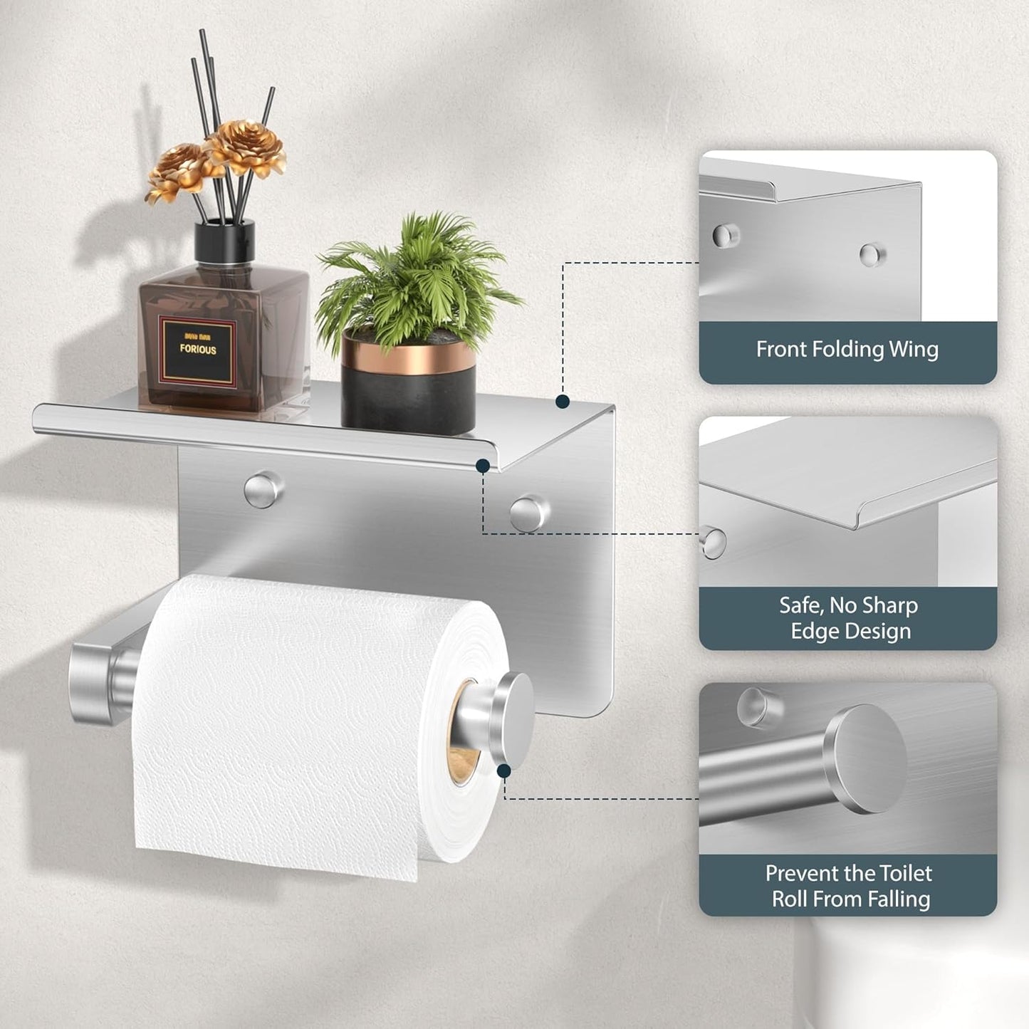 FORIOUS Toilet Paper Holder with Shelf, Adhesive or Screw Wall Mount Toilet Roll Holder for Bathroom, Rustproof 304 Stainless Steel Commercial Toilet Tissue Holder, 2 Pack Brushed Nickel