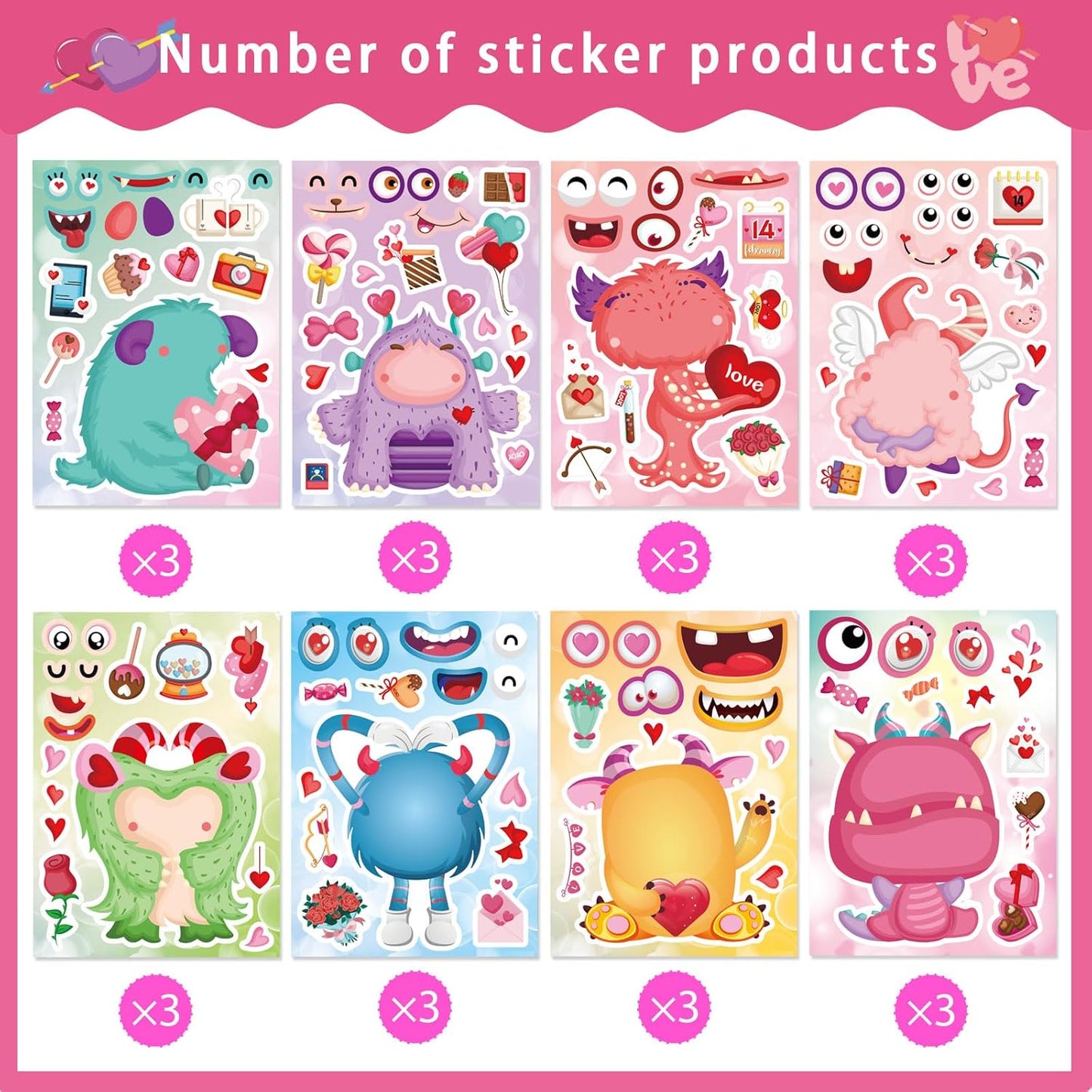 DUJAA Make a Monster Face Stickers 24PCS Valentine's Day Stickers for Kids, Monster Theme Crafts Party Game School Classroom Reward Gift