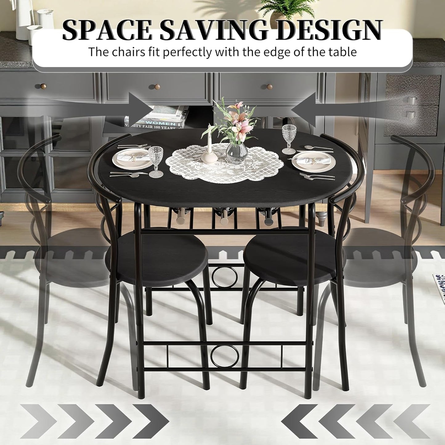 VECELO 3-Piece Dining Table Set for Kitchen Breakfast Nook, Wood Grain Oval Tabletop and Metal Frame with Built-in Wine Rack, for Small Spaces, Black