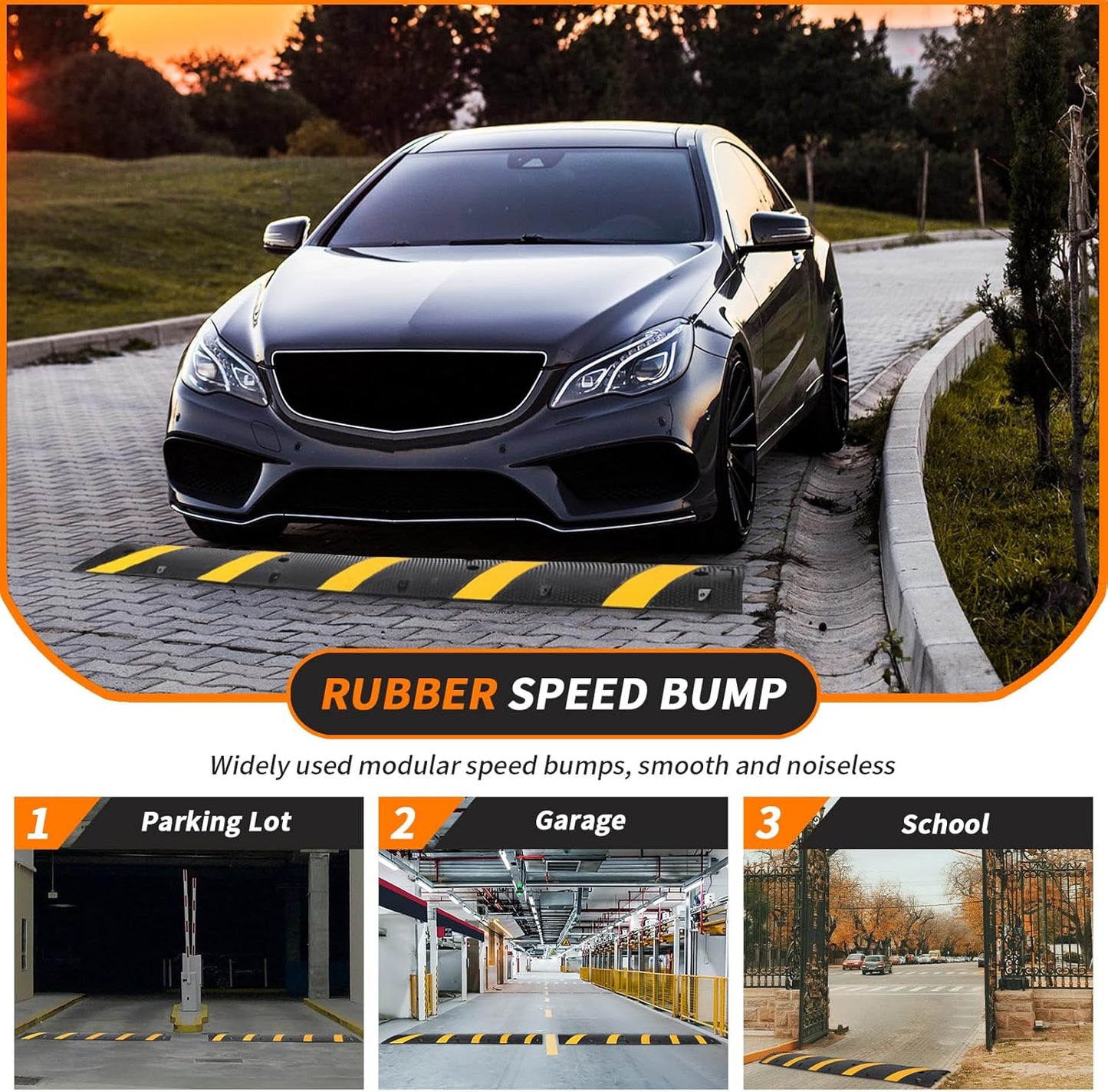 84" Rubber Speed Bumps, 1 Pack Heavy Duty Speed Bumps for Driveway Rubber Gravel Road Asphalt Parking, Modular Driveway Speed Bumps Cable Protector Ramp with 6 Bolts Spikes, 2 End Caps