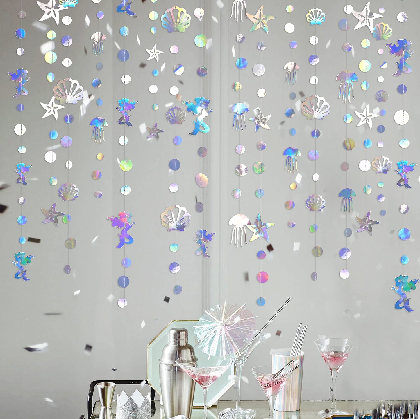 40 Ft Iridescent Mermaid Garland with Jellyfish Seashell Starfish Pearl Holographic Paper Streamer for Little Mermaid Rainbow Theme Birthday Bachelorette Baby Shower Under the Sea Party Decorations