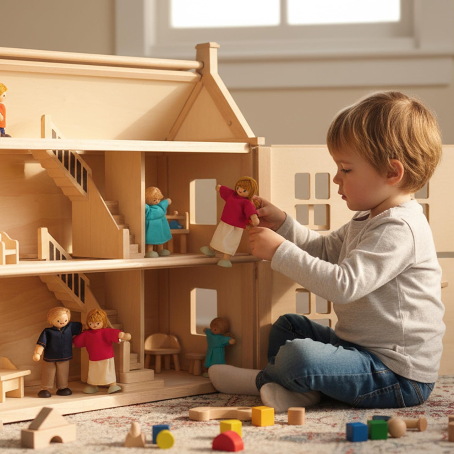 PlanToys® Family Wooden Dollhouse Figurine Set | 4 Poseable 1:12 Scale Mini Dolls (Parents & Kids) | Dollhouse Accessories for Pretend Play | Eco-Friendly Montessori Toy for Kids Ages 3+