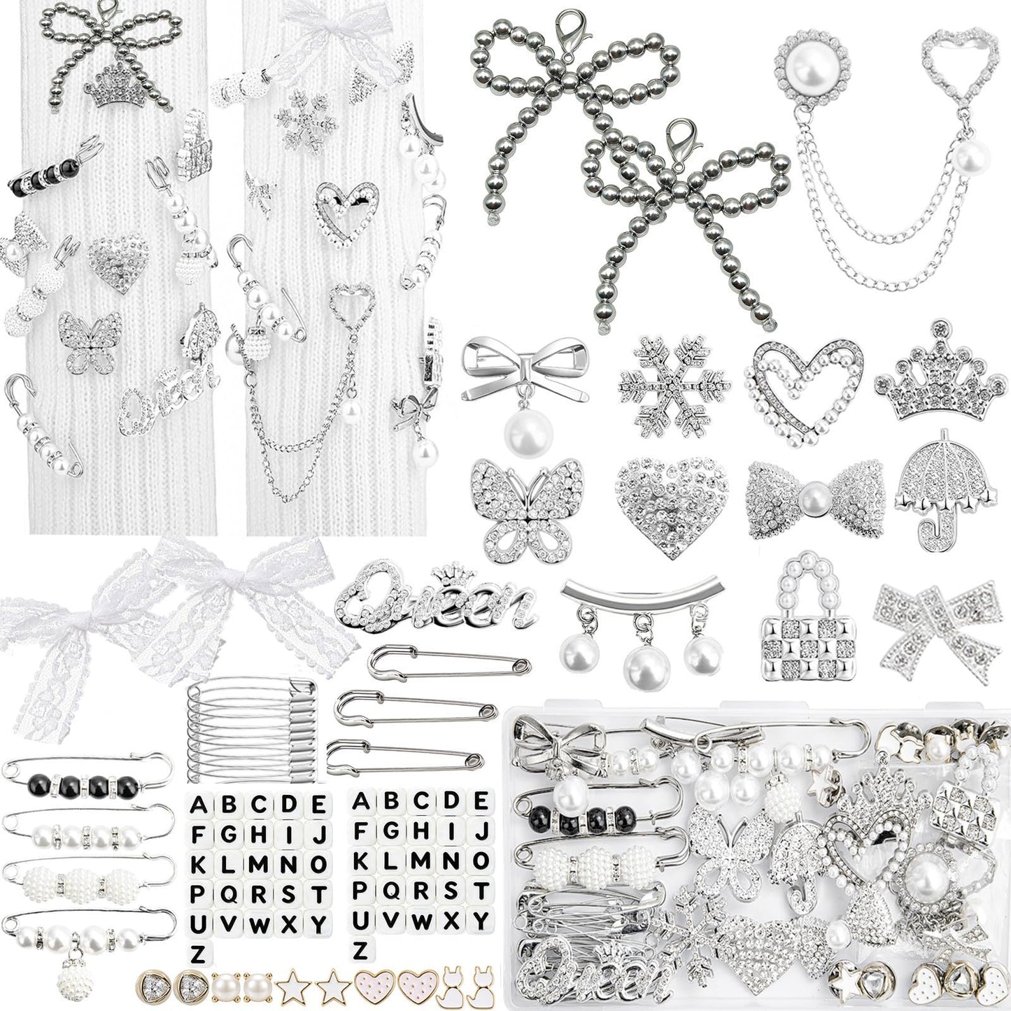 RQAYE 268pcs Silver Junk Socks Charms Kit,Shoe Charms for Sneakers, Brooches and Pins for Women, Pearl and Rhinestone Sock Charm with Safety Pins,DIY Accessories for Personalizing Socks