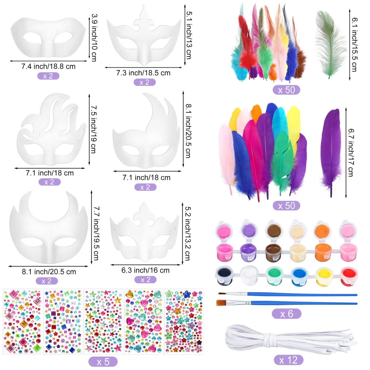 Elcoho 12 Pieces White Paper Masks DIY Kit with 100 Feathers Gemstone Paint Paper Mache Art Mask for Crafting Half Face Masquerade Mask for Party Decorations Adult Costume Party Favors