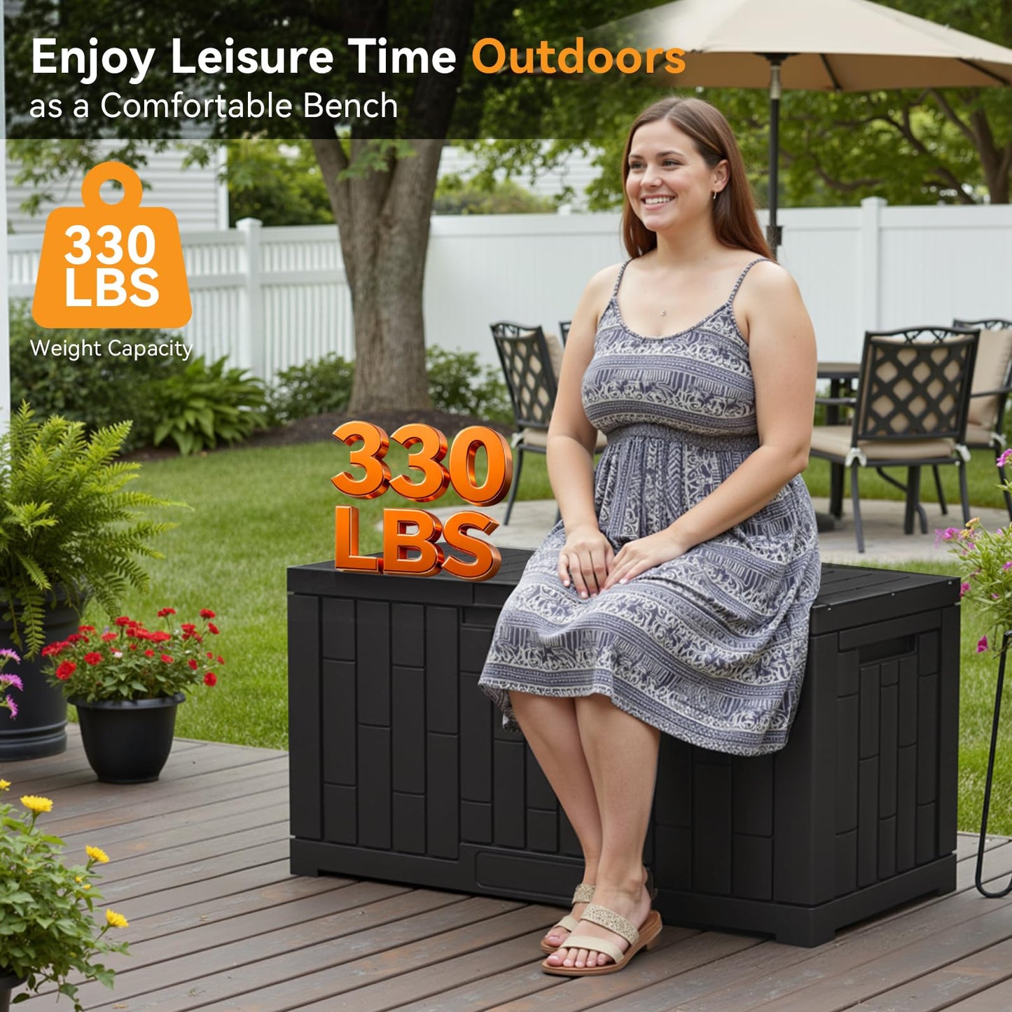 NEWBULIG 60 Gallon Deck Box, Waterproof Outdoor Storage Box with Lockable Lid, Patio Furniture Bench & Side Table, Outside Storage Container, Tool-Free Assembly, for Garden, Pool, Black