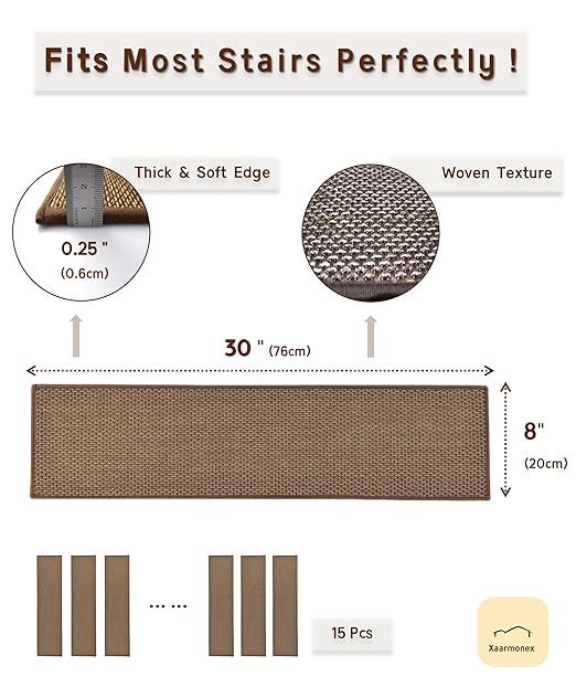 Natural Linen Stair Treads for Wooden Steps, 4 Pcs 8" x 30",Non Slip Stair Runner, Peel and Stick Carpet Indoor for Kids Elders and Pets (4, Brown, 8" x 30")