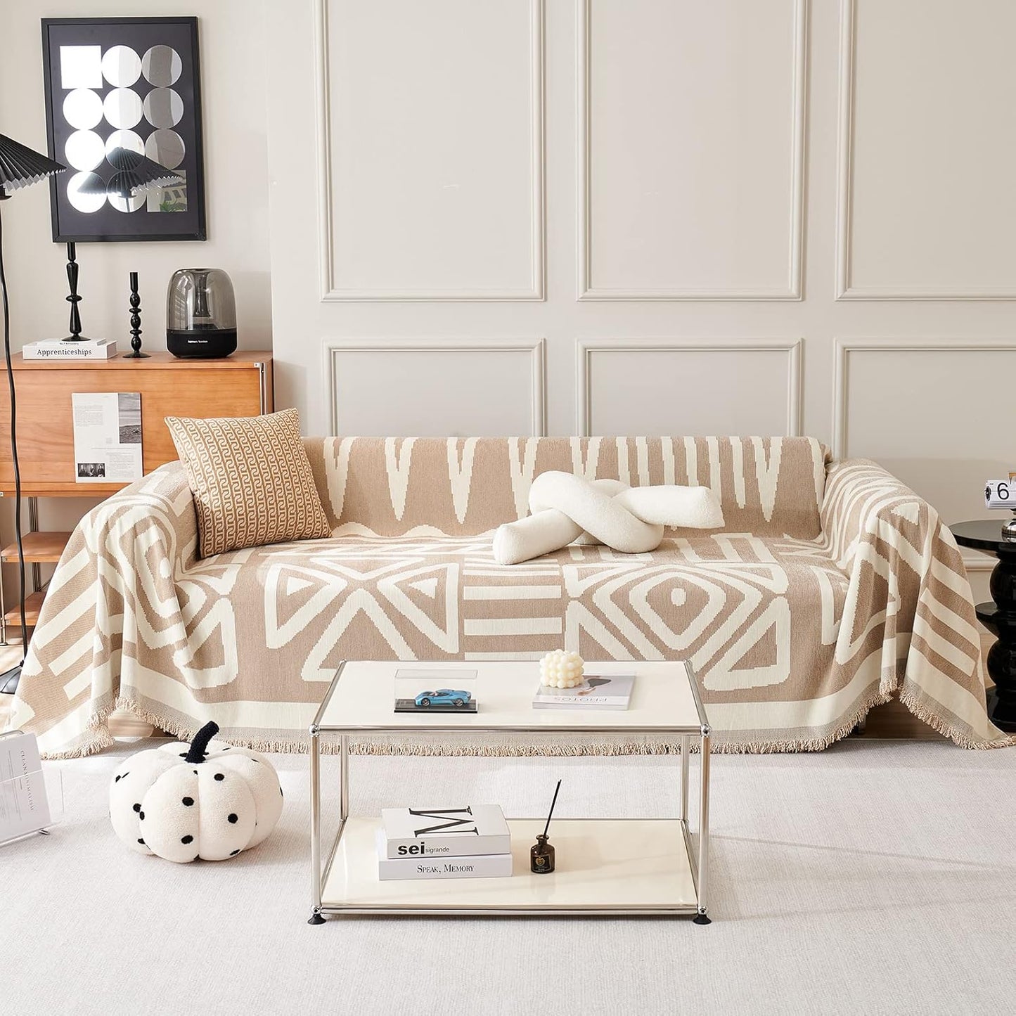 VM VOUGEMARKET Boho Couch Cover for 2 Cushion Chenille Sofa Cover Dog Proof Geometric Loveseat Sofa Slipcover L Shaped Sofa Furniture Protector with Tassels Sectional Couch Cover-71 x 118,Khaki