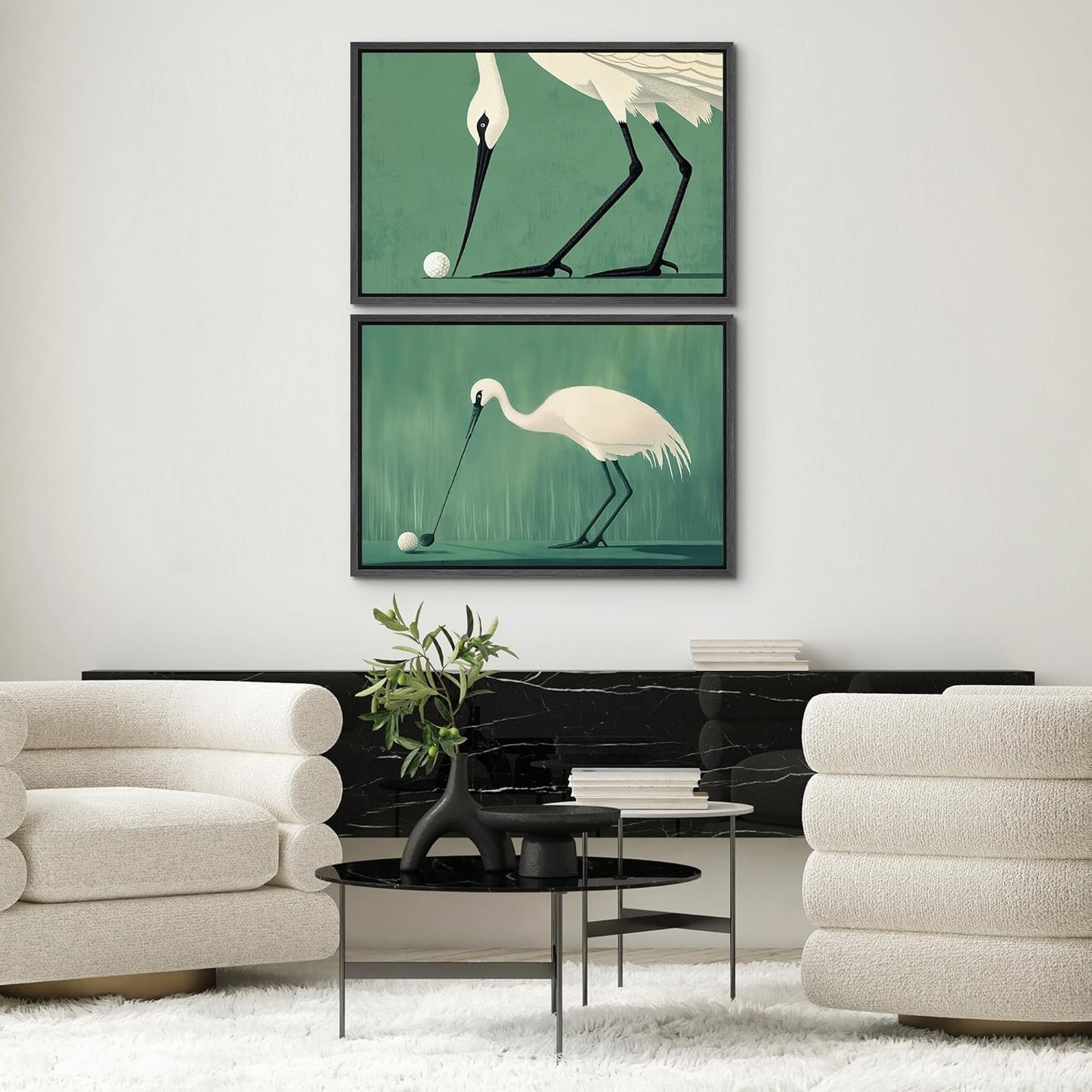 SIGNWIN Framed Canvas Print Wall Art Set Funny Crane Playing Golf Whimsical Bird Illustrations Modern Art Rustic Minimal for Living Room, Bedroom, Office - 24"x36"x2 Black