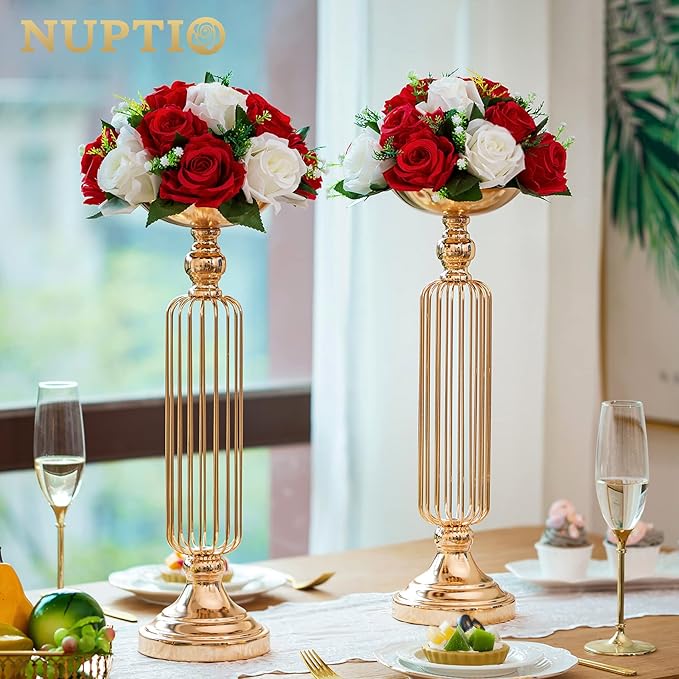 NUPTIO Flower Centerpieces for Wedding Tables: 10 Pcs Red & White Artificial Flower Ball Arrangement for Christmas Thanksgiving Party - 2 Pcs Fake Floral Rose for Bridal Shower Decor