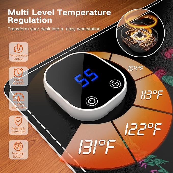 iCasso Heated Desk Pad,Heated Mouse Pad Hand Warmer, XXL Mousepad, Desk Protector Mat with 4 Heating Levels for Computer Keyboard, 35.4" x 15.7" Large Mousepad for Home Office Work (Weeds)