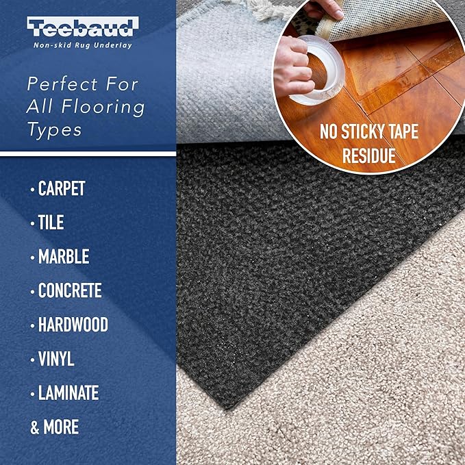 3' x 5' Non-Slip Rug Pad, Reversible Gripper, Non Skid Pads for Hardwood, Vinyl, Tile, Laminate Floors, Keep Area Rugs Secure, Natural Materials Safe for Indoor Flooring, ¼” Thick