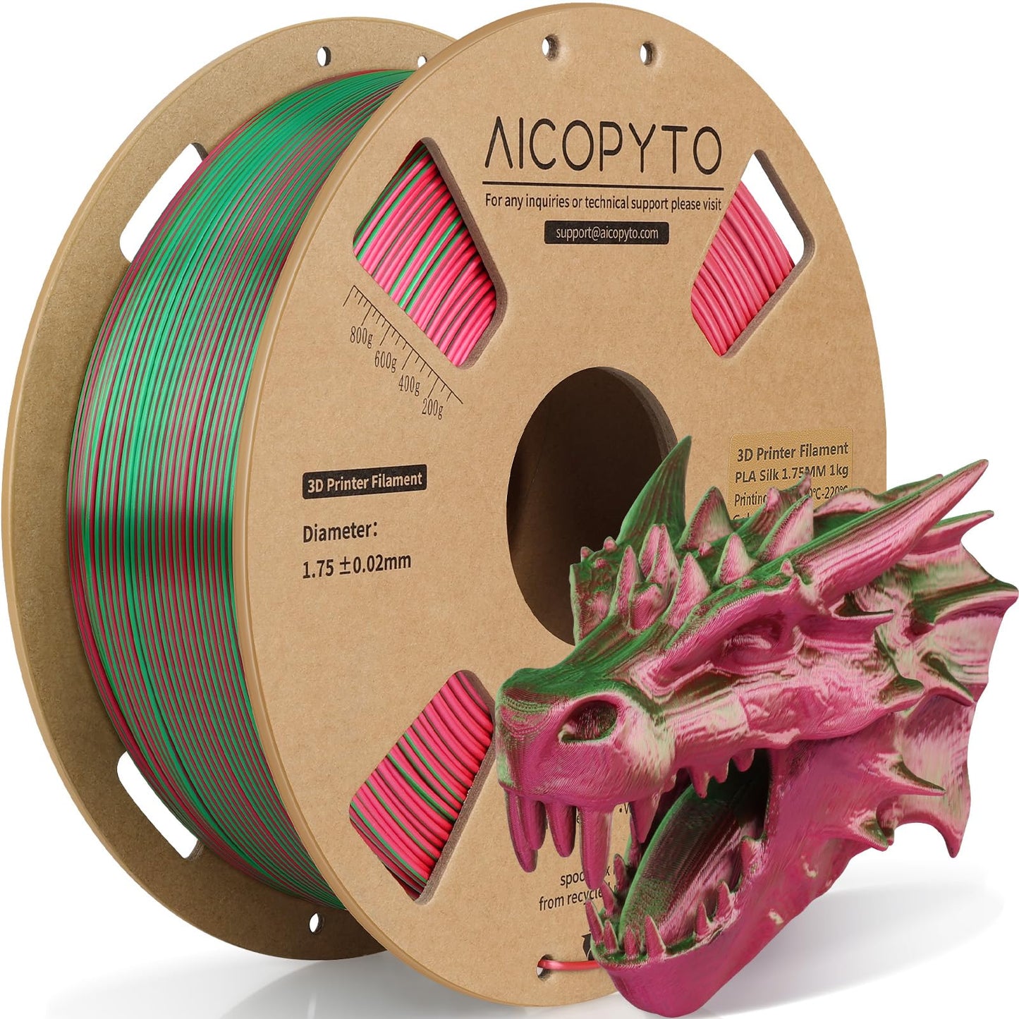 AICOPYTO Dual Color Silk PLA 3D Printer Filament 1.75mm, Dual Color 2-in-1 Green-Red Silk Filament 1KG Spool (2.2lbs) Dimensiona