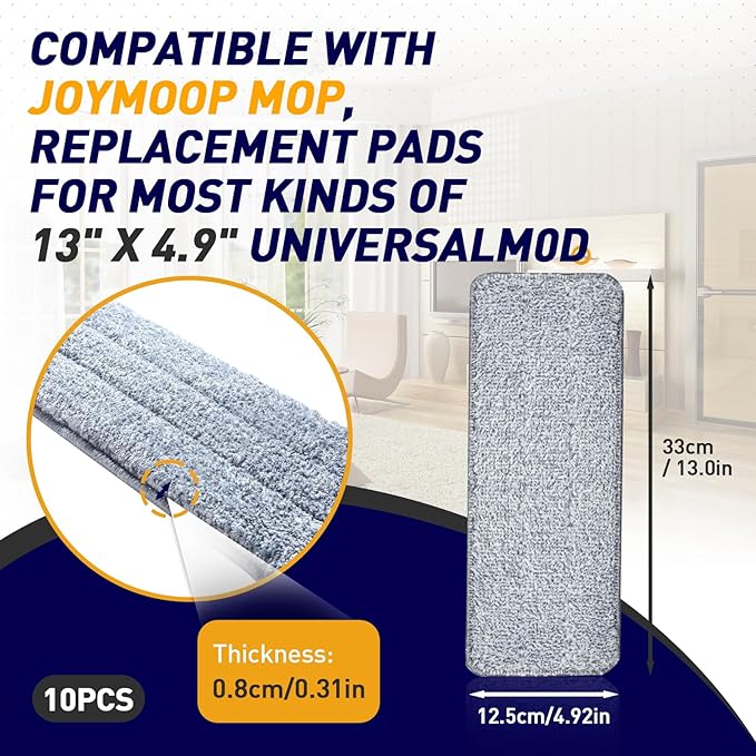10PCS Mop Replacement Pads Compatible with JOYMOOP Flat Mop - 13'‘×4.9" Washable Pads,Suitable for Wet/Dry Floor，Reusable Washable Mop Pads for Floor Cleaning