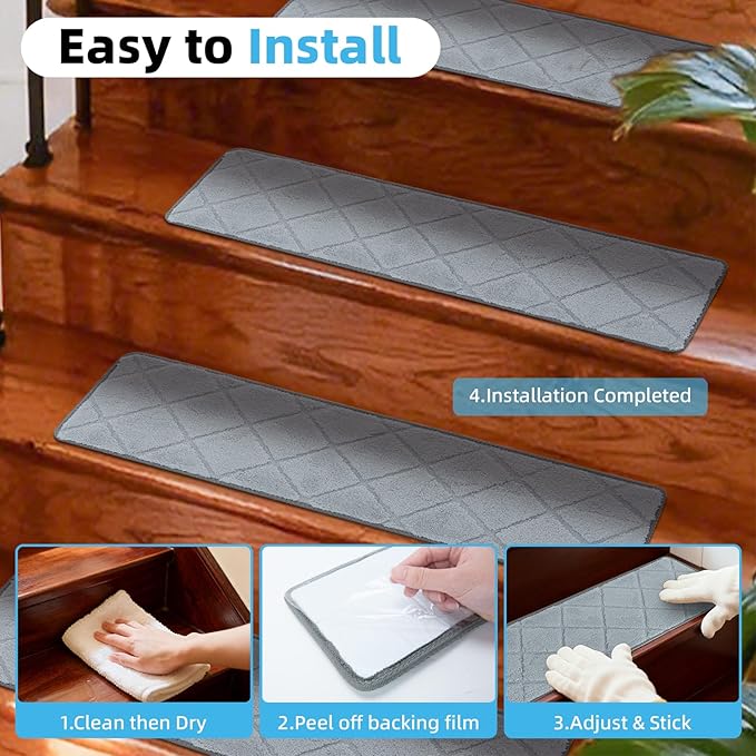 Art3d Stair Treads for Wooden Steps 15Pcs, 8" X 30" X 0.4“ Non Slip Stair Runner Rugs with Reusable Adhesive for Elders Kids and Dogs, Machine Washable Peel and Stick Stair Treads Carpet, Gray
