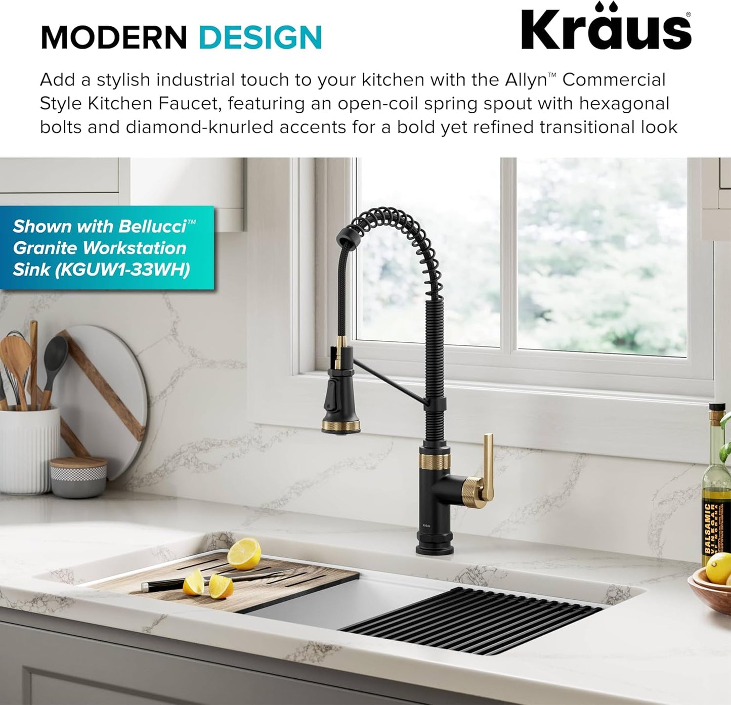 KRAUS Allyn Commercial Style 2-Function Single Handle Pull Down Kitchen Faucet in Spot-Free Brushed Brass/Matte Black, KPF-4110BBMB