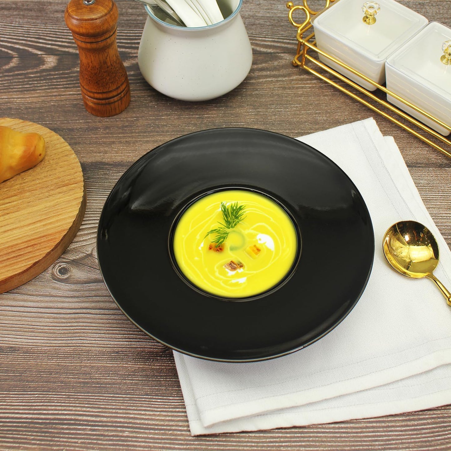 Ceramics Rimmed Soup Bowls 8.8 oz, Black 11.6 inch Exquisite small soup plate Set of 4, Pasta plates With Rim is the best choice for hotels, kitchens, fine restaurants and gourmets