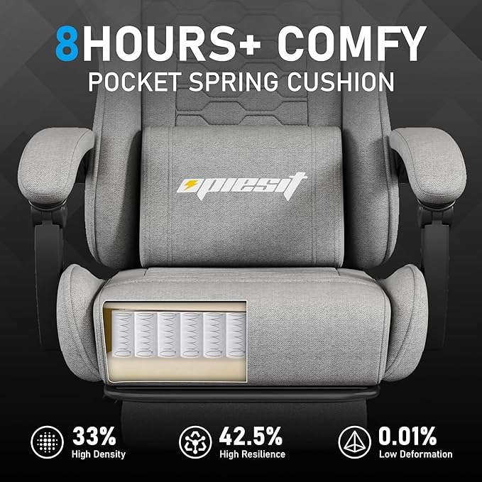 Gaming Chair,Fabric Computer Chairs with Lumbar Support and Massager,Ergonomic Office Chair with Footrest & Pocket Spring Cushion,Bearing 400 LBS(Grey