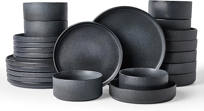Famiware Star Dinnerware Set with Pasta Bowls, Service for 6 (24 Pieces), Ribbed Stoneware Plates and Double Bowls Sets - Chip & Scratch Resistant, Microwave & Dishwasher Safe, Matte Dark Charcoal
