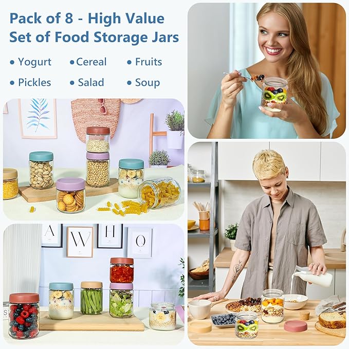 KEYWING 8-Pack 16oz Glass Overnight Oats Containers – Wide Mouth Mason Jars with Airtight Lids, Ideal for Chia Pudding, Oatmeal, Yogurt, Snacks & Meal Prep
