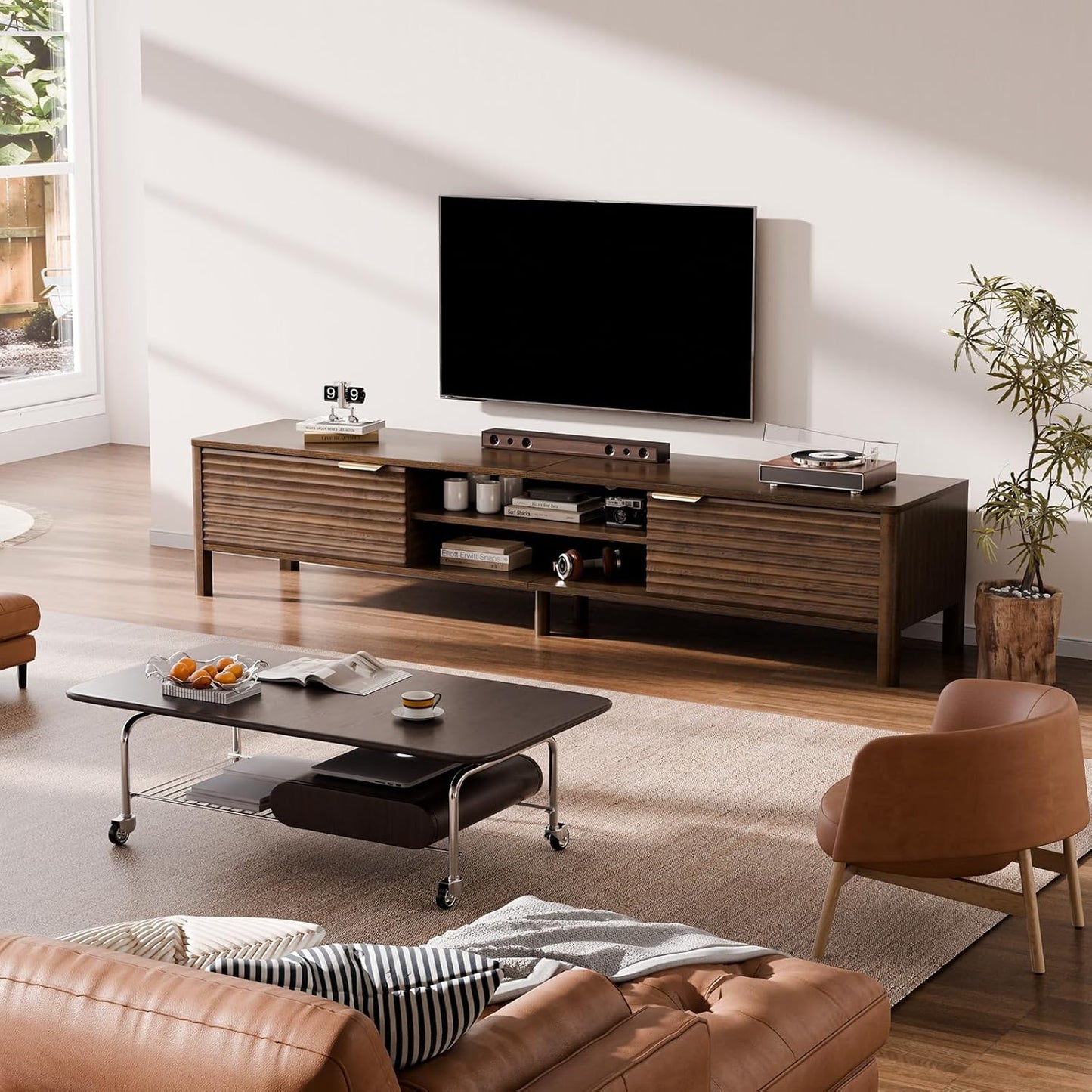 TV Stand for Living Room - up to 80 Inch TVs Mid Century Modern Entertainment Center with Storage and Adjustable Shelves, Media Console Table Walnut 70"