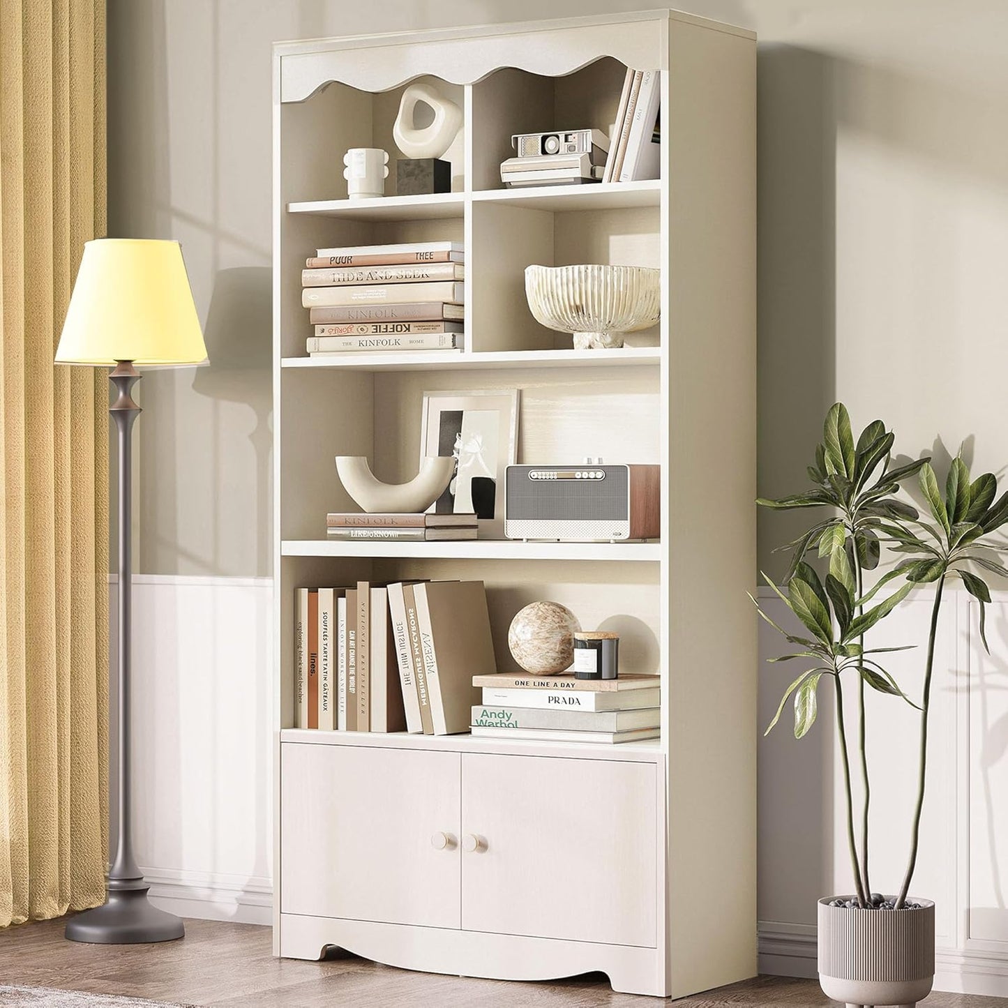 LINSY HOME 5 Shelf Bookcase Wooden, 63" Tall Bookshelf with Doors, Open Floor Standing Cube Shelf Bookcase Libreros, Beige Modern Book Shelf for Bedroom, Living Room, Home Office, White Oak