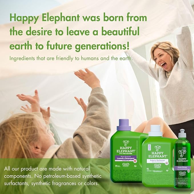 Happy Elephant Dish Soap, White Tea & Fig Scent, Natural Biodegradable Liquid Dish Soap, Plant Based, Grease Fighting, Tough on Food, Gentle on Hands, No Synthetic Fragrance, 12 Fl Oz